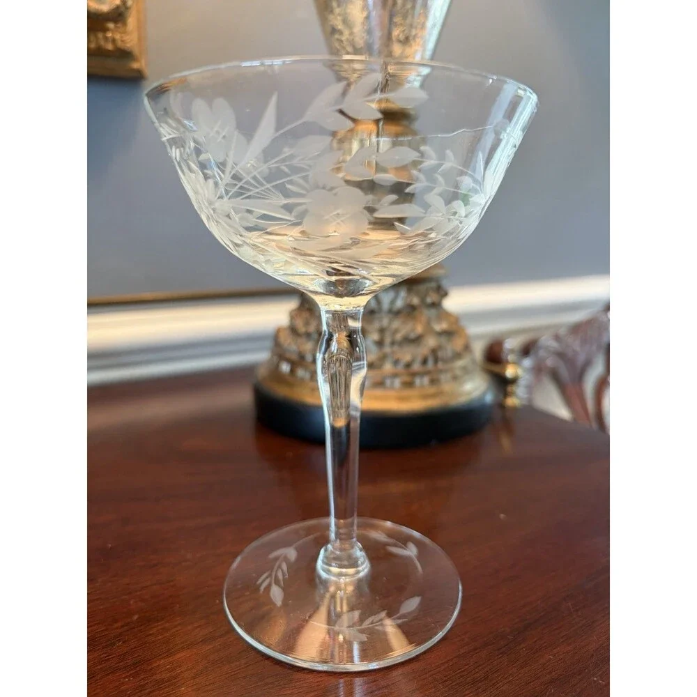4 Vintage Optic Panel Champagne Coupes Tall Sherbet Glasses Etched Flowers